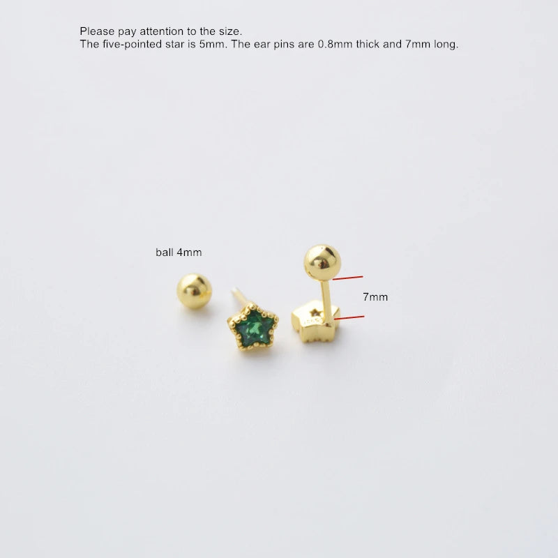 925 Silver Colored Zircon Star Smiley Screw Stud Earrings
