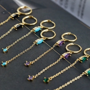 925 Silver Earring Colorful Horse Eye Zircon Tassel Long Drop Temperament Girl