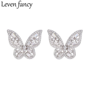 925 Silver Flying Butterflies Stud Earring Clear Zircon Wedding Gift