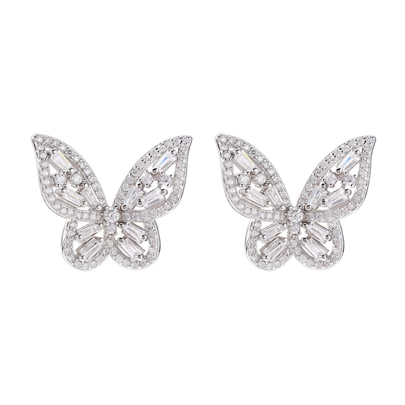 925 Silver Flying Butterflies Stud Earring Clear Zircon Wedding Gift
