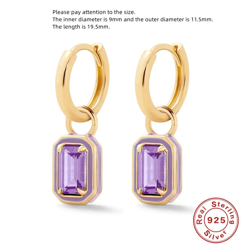 925 Silver Geometric Square Enamel Zircon Drop Earring