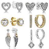 925 Silver Earring Clear Sparkling Crown Pave Heart Hoop Women Jewelry