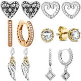 925 Silver Earring Sparkling Crown Pave Heart Winter Frost Hoop For Women