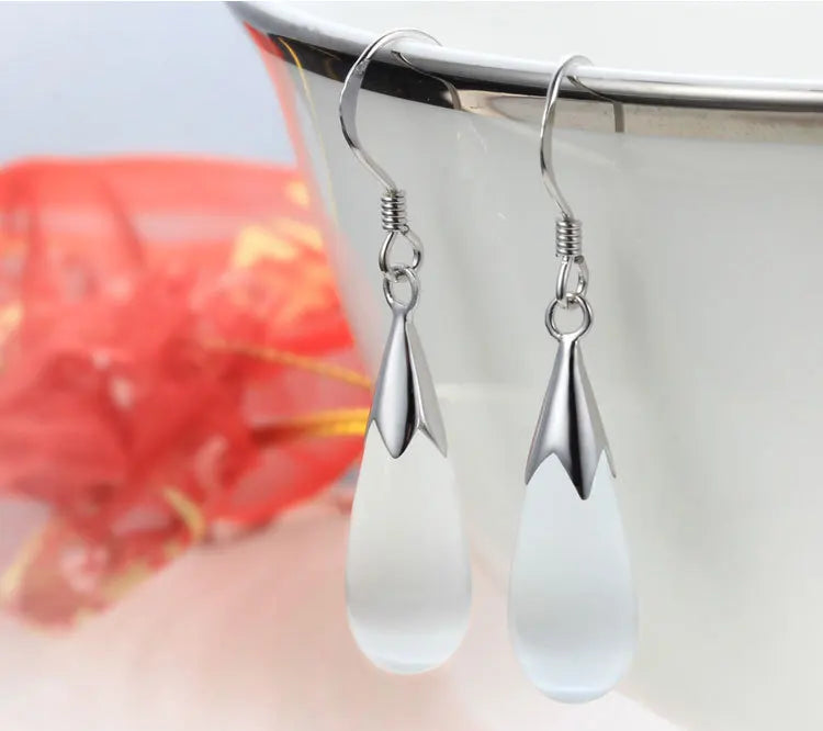 925 Silver Moonlight Opal Drop Earrings Zircon Water Droplets