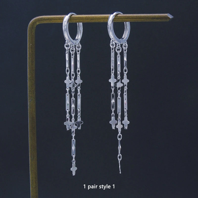925 Silver Earring Cross/Star Drops Chain Tassel Drop Earring
