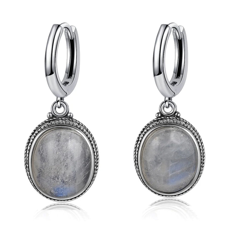 925 Silver Oval Labradorite Hoop Earrings Retro Moonstone Party Jewelry