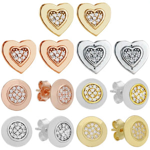 925 Silver Earring Rose PAN Golden Two-tone Signature Heart Earring With Crystal