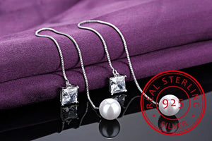 925 Silver Earring Green/White Zirconia Pearl Tassel Drop Earring