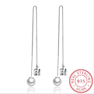 925 Silver Earring Green/White Zirconia Pearl Tassel Drop Earring