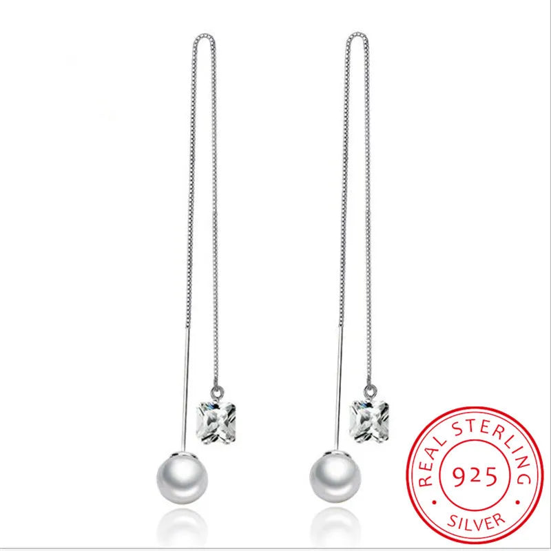 925 Silver Earring Green/White Zirconia Pearl Tassel Drop Earring