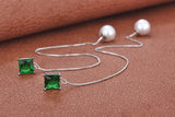 925 Silver Earring Green/White Zirconia Pearl Tassel Drop Earring