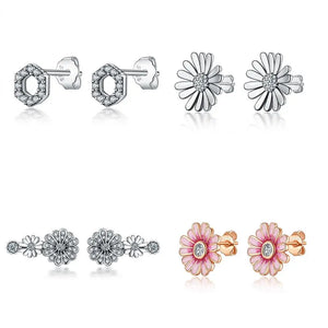 925 Sterling Silver Earring Women Diy Flower Pink Daisy Clear Crystal Earrings