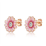 925 Sterling Silver Earring Women Diy Flower Pink Daisy Clear Crystal Earrings