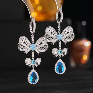 925 Silver Bowknot Yellow Drop Earrings Women Banquet Dangle Jewelry
