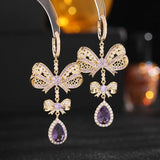 925 Silver Bowknot Yellow Drop Earrings Women Banquet Dangle Jewelry