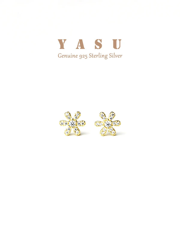 925 Silver Flower Ear Studs 14K Plated Crystal Wedding Jewelry Accessories