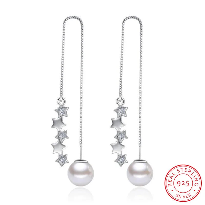 925 Silver Star Zirconia Pearl Tassel Earrings Ear Line pendientes brincos