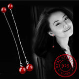 925 Silver Earrings Red Balls Tassel Chain Ear Line Stud Earrings S-E58