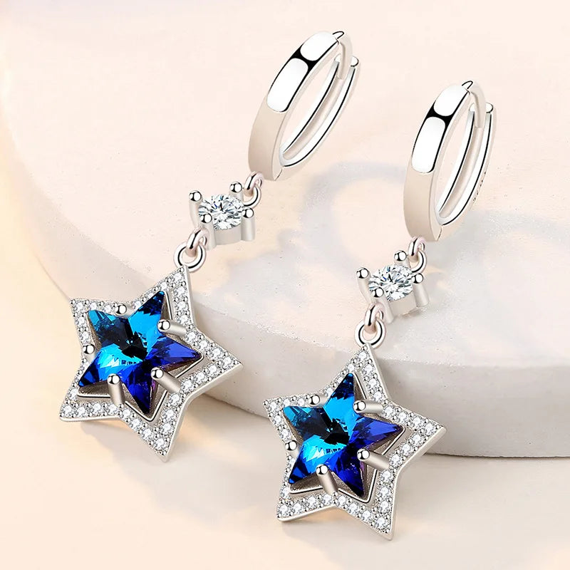 925 Silver Crystal Zircon Pentagram Earrings Women's Jewelry