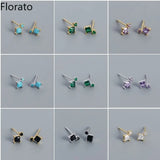 925 Sterling Silver Earrings Crystal Zircon Square Turquoise Stud Earrings