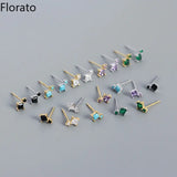 925 Sterling Silver Earrings Crystal Zircon Square Turquoise Stud Earrings