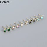 925 Sterling Silver Earrings Crystal Zircon Square Turquoise Stud Earrings