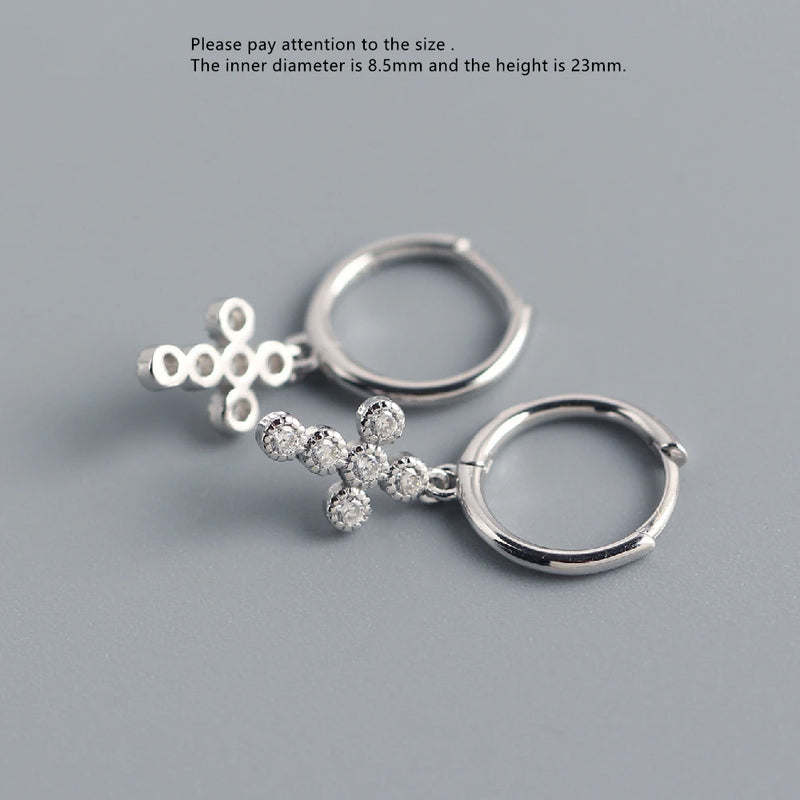 925 Silver Earrings Cross Zircon Geometric Round Ear Ring Drop