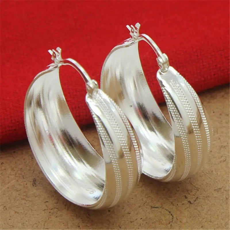 925 Silver Striped Car Flower Earrings 3.5CM Women Wedding Jewelry