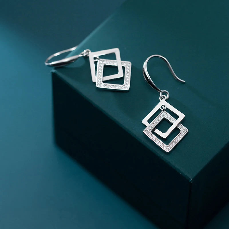 925 Silver Earrings Geometric Diamond Square Interlocking Holiday Gift