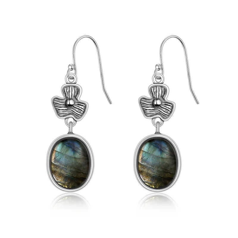 925 Silver Sandstone Oval Drop Earrings Vintage Jewelry