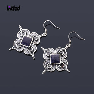 925 Silver Flower Square Sandstone Drop Earrings
