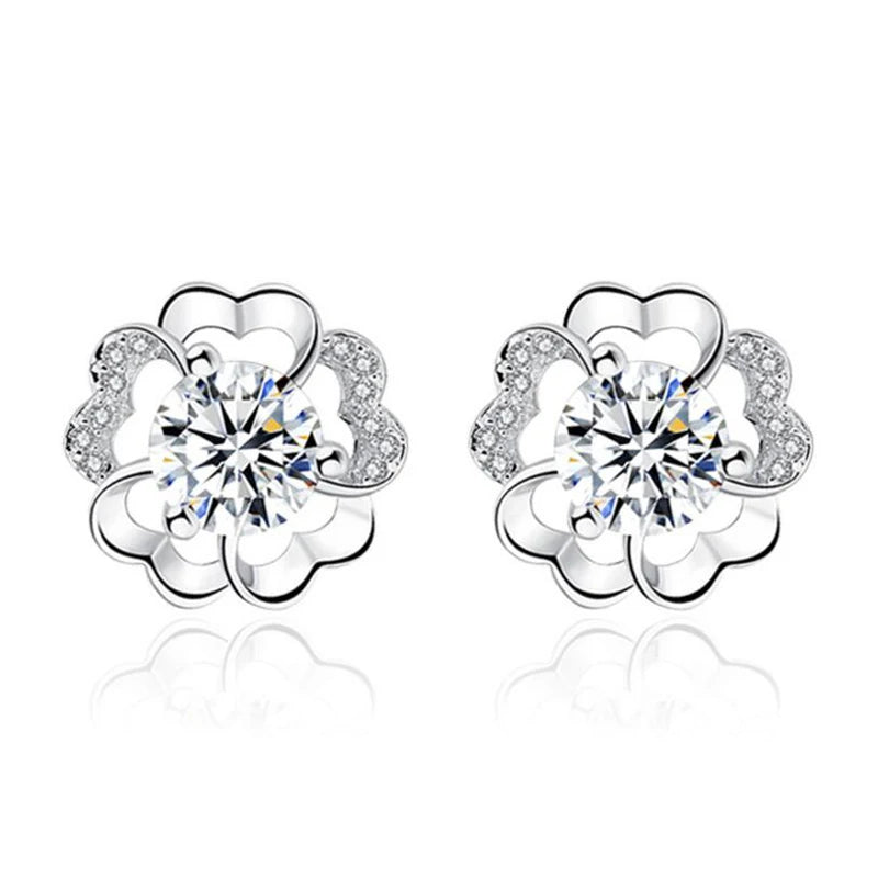 925 Silver Plum Flower Zirconia Stud Earrings Crystal Wedding Party Jewelry