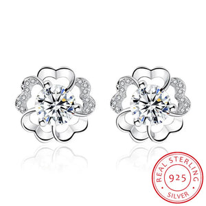 925 Silver Plum Flower Zirconia Stud Earrings Crystal Wedding Party Jewelry