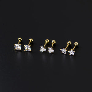 925 Silver Earrings Star Square Heart Zircon Stud