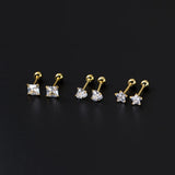 925 Silver Earrings Star Square Heart Zircon Stud