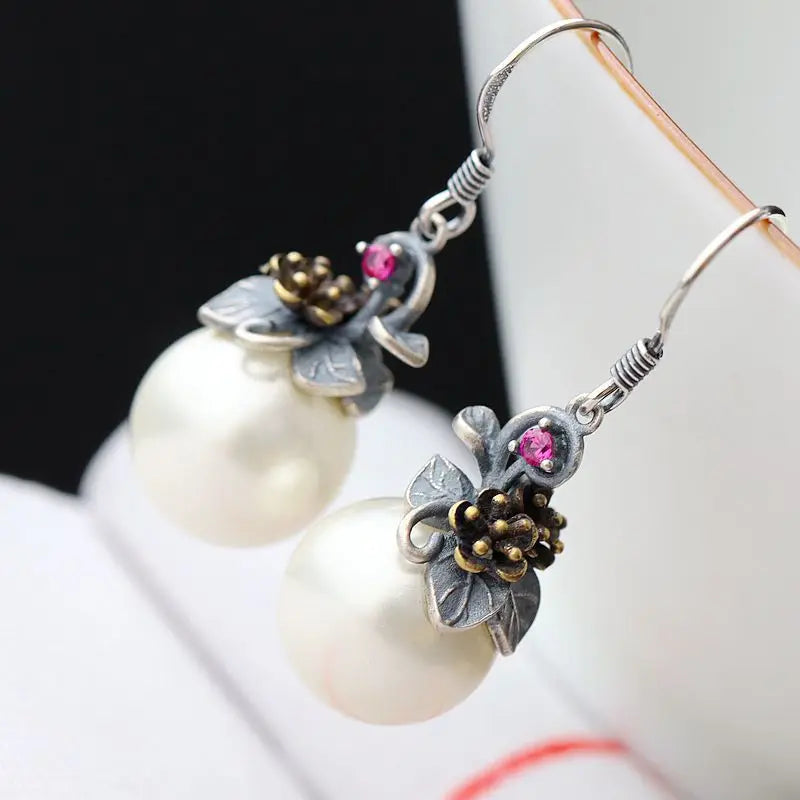 925 Silver Earrings w/ Pearls Inlay