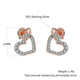 925 Silver Heart Crystal CZ Stud Earrings Rose Plated Women's Jewelry