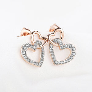 925 Silver Heart Crystal CZ Stud Earrings Rose Plated Women's Jewelry