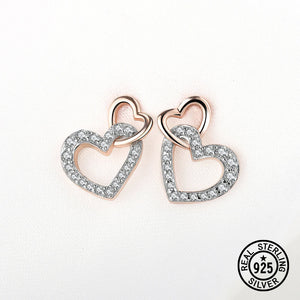 925 Silver Heart Crystal CZ Stud Earrings Rose Plated Women's Jewelry