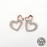925 Silver Heart Crystal CZ Stud Earrings Rose Plated Women's Jewelry