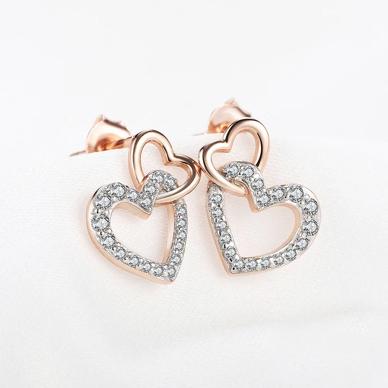 925 Silver Heart Crystal CZ Stud Earrings Rose Plated Women's Jewelry