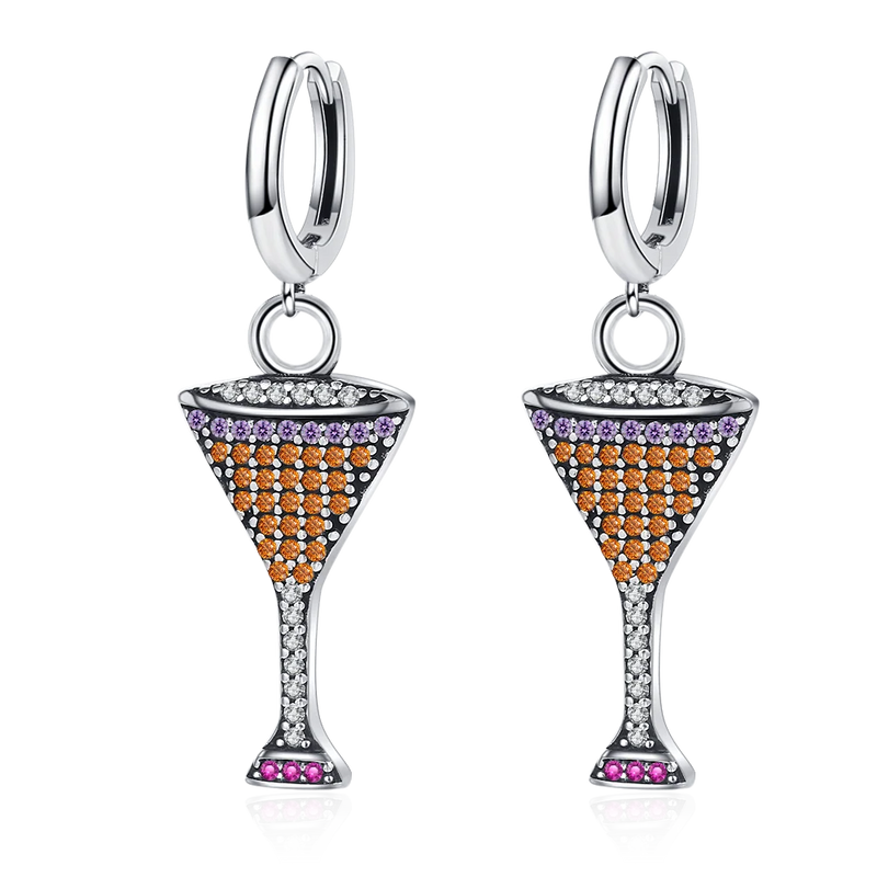 925 Silver Champagne Glasses Drop Earrings Zircon Party Jewelry