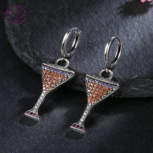 925 Silver Champagne Glasses Drop Earrings Zircon Party Jewelry