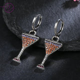 925 Silver Champagne Glasses Drop Earrings Zircon Party Jewelry