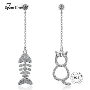 925 Silver Tassel Earrings CZ Zirconia Cat Fish Oorbellen Brincos