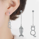 925 Silver Tassel Earrings CZ Zirconia Cat Fish Oorbellen Brincos