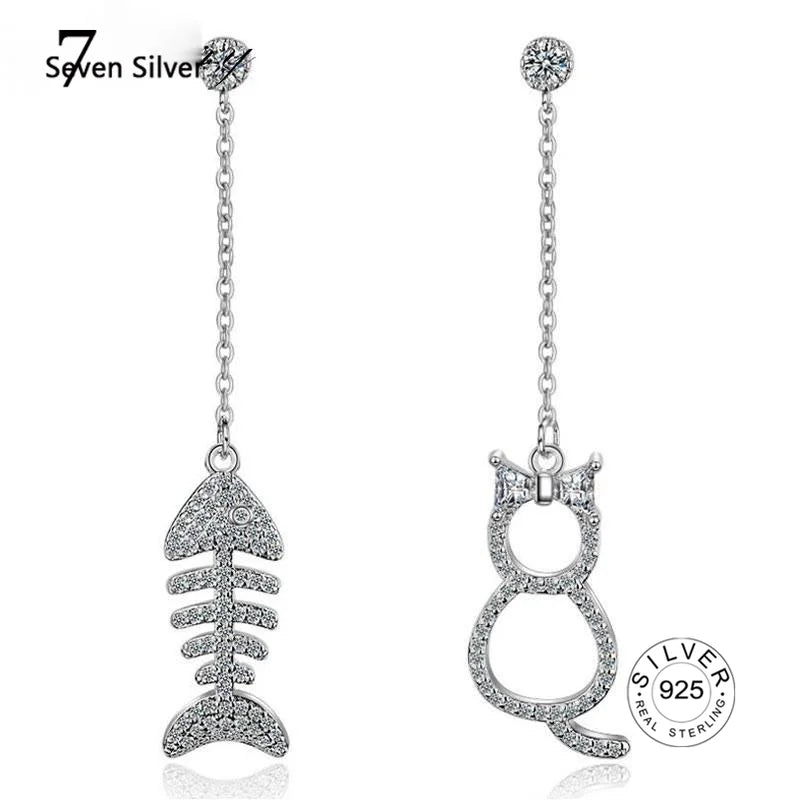 925 Silver Tassel Earrings CZ Zirconia Cat Fish Oorbellen Brincos
