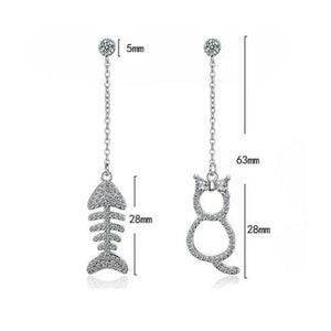 925 Silver Tassel Earrings CZ Zirconia Cat Fish Oorbellen Brincos