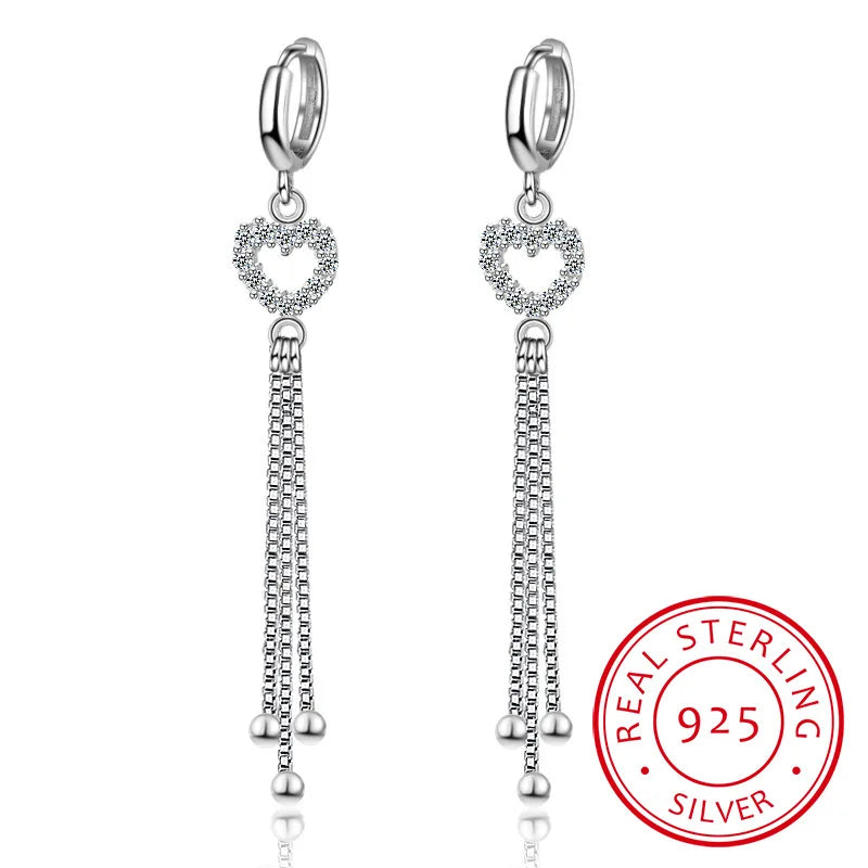 925 Silver Earrings CZ Heart Beads Tassel Earrings Women S-E400