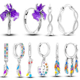 925 Silver Earrings Purple Flower Feather Hoop Zircon Jewelry Gift